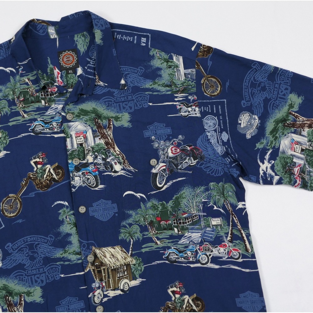 Harley Davidson Mens XL‎ Hawaiian Shirt Motorcycle AOP Rayon Button Down 90s USA